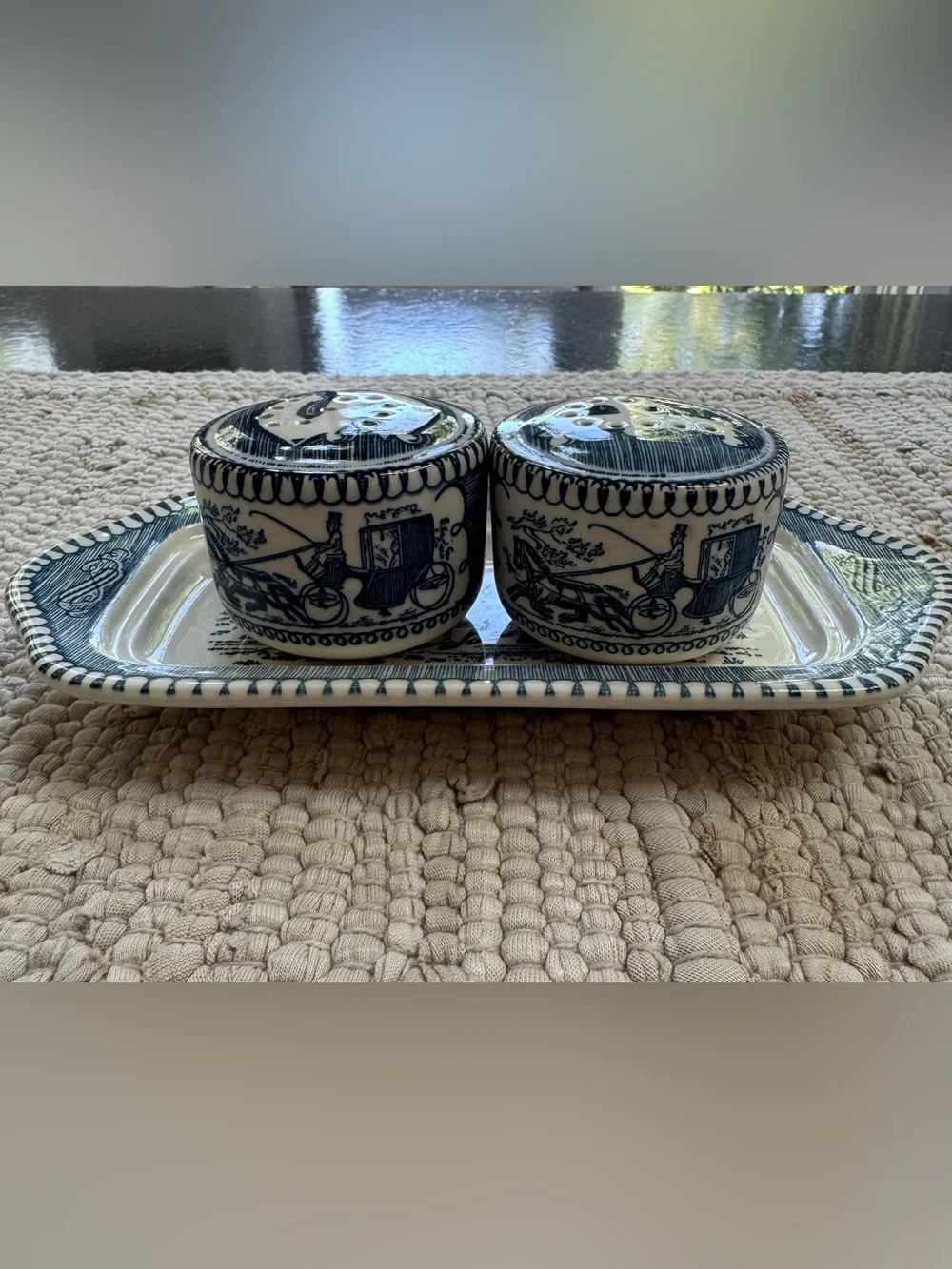 Vintage Currier & Ives by Royal Blue & White Salt and Pepper Shaker with Tray